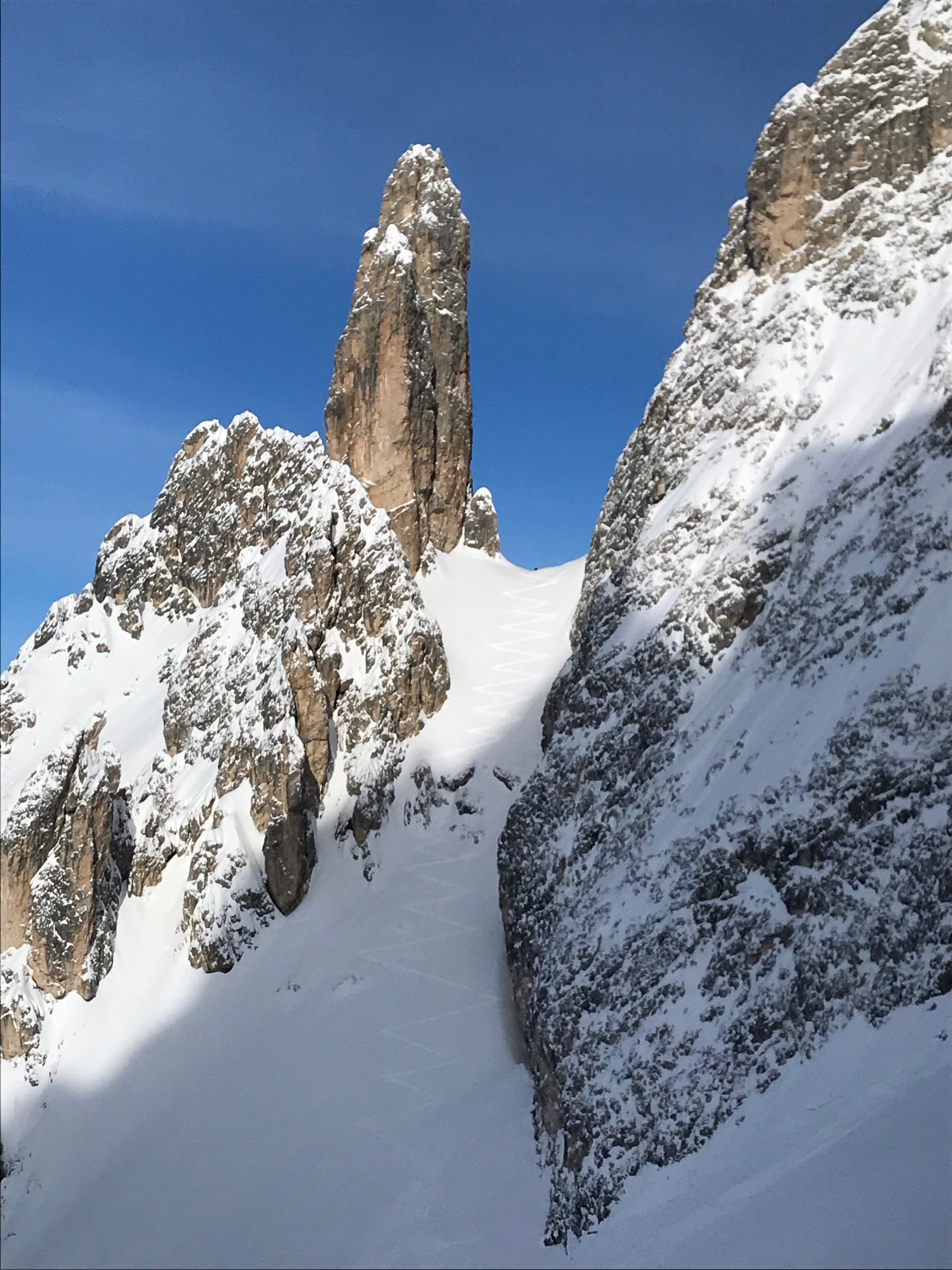 Dolomite winter landscape with snow and vertical walls